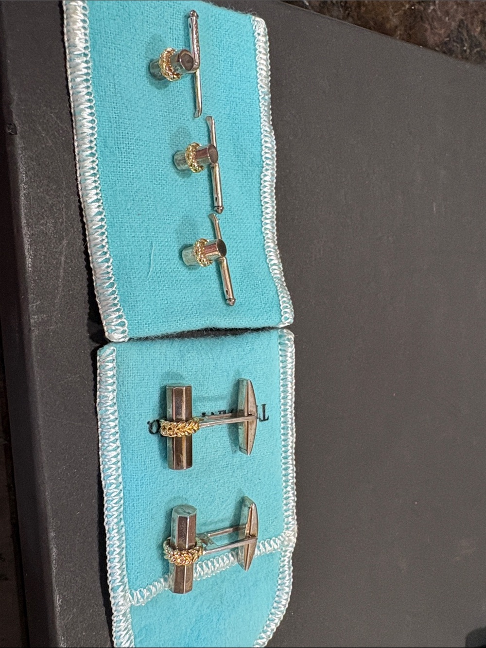 Tiffany & Co. Silver and Gold Men's Cufflink and Stud Set on Tiffany Blue Pouch